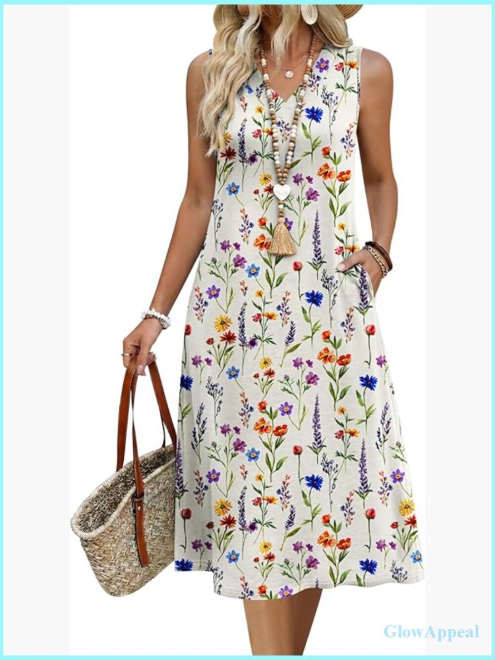 Sleeveless V-Neck Midi Tank Dress with Pockets, Lightweight Summer Beach Dress